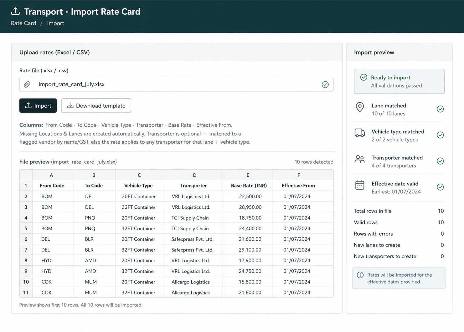Excel rate import for transport ERP